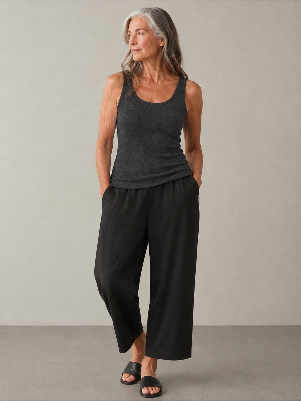 Eileen Fisher Ribbed Scoop Neck Tank Top Gray Sleeveless Organic Cotton Size L